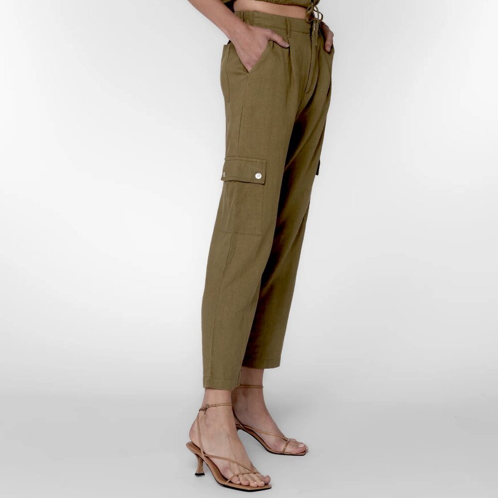 Velvet Heart Dark Olive Green Tencel Cargo Pants Tapered Utility Slacks Size M